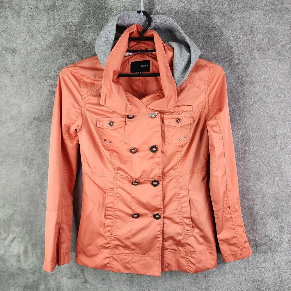 Womens Hurley Double Breasted Coral Jacket w/ Removable Gray Hood Button Front S - Picture 2 of 14